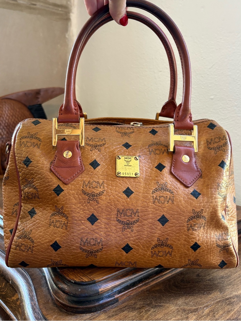 MCM Cognac Visetos Monogram Leather Boston Bag with Gold Hardware